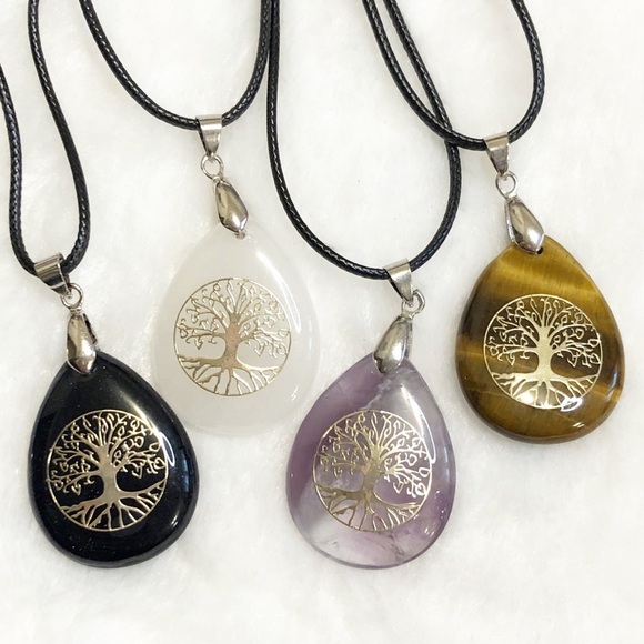 New Tree of Life Pendant Boho Hippie Crystal Stone Necklace Pack of 4 - Picture 4 of 11